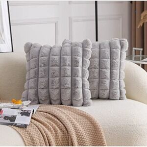 2PCS Grey Faux Fur Throw Pillow Covers 20x20 Soft Plush Decorative Cushion Cases